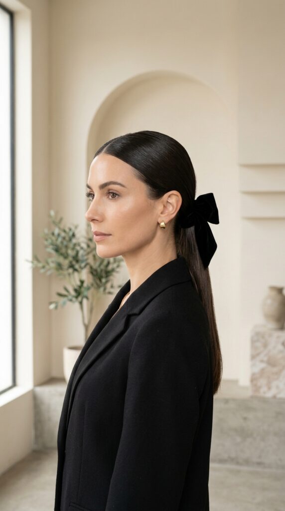 Velvet Black Bow With Sleek Ponytail