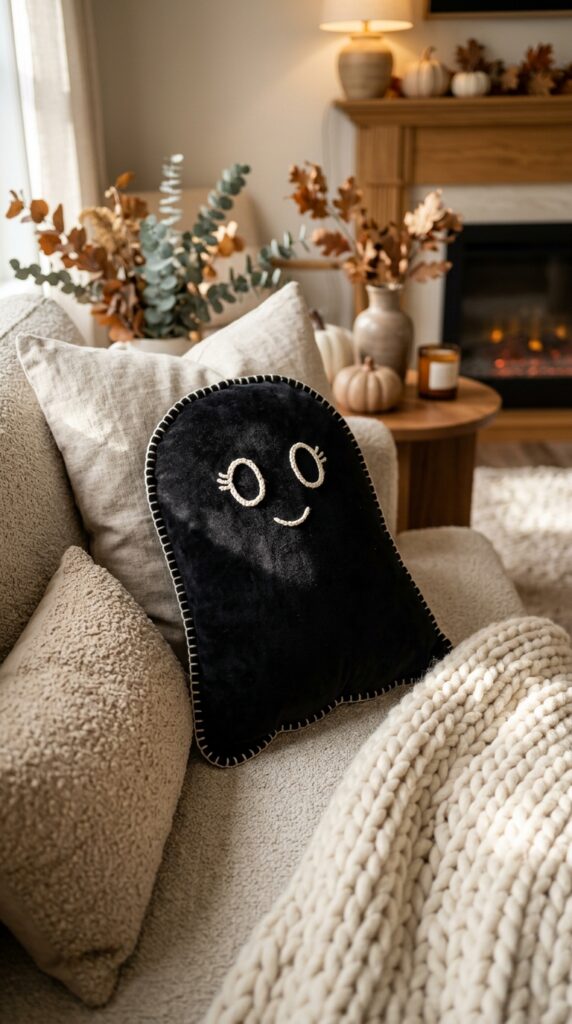 Velvet Ghost Pillow With Embroidered Face
