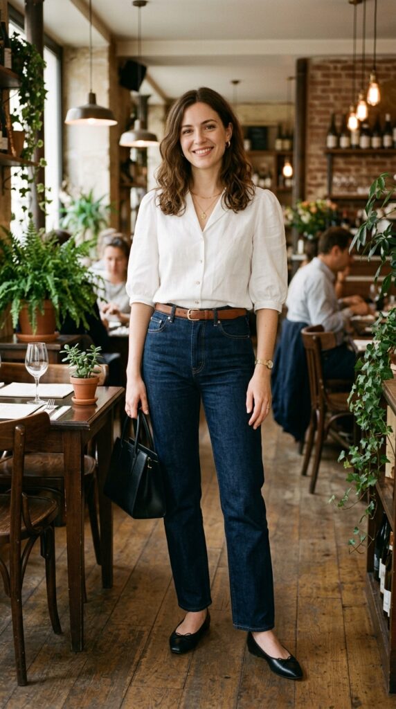 White Blouse With Dark Denim