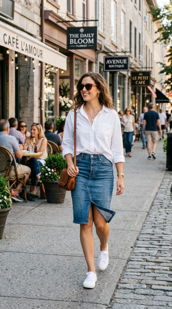 White Button Down With Denim Skirt