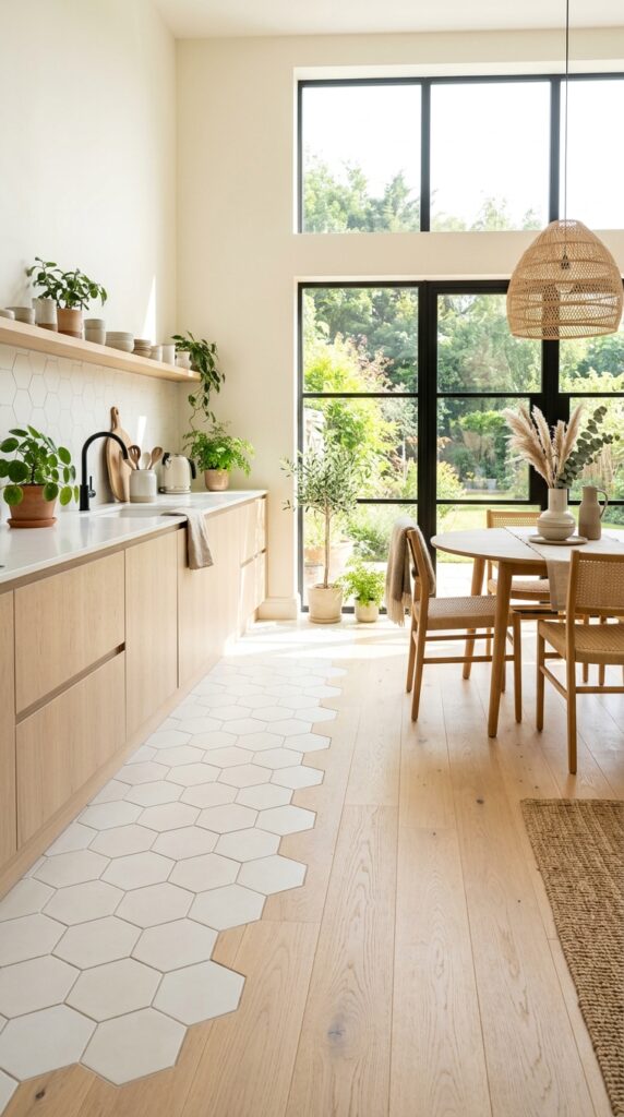 White Hexagon Tile With Light Oak Flooring