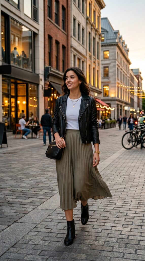 White Tee With Midi Skirt and Leather Jacket