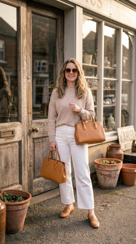 White Wide Leg Jeans with a Neutral Sweater
