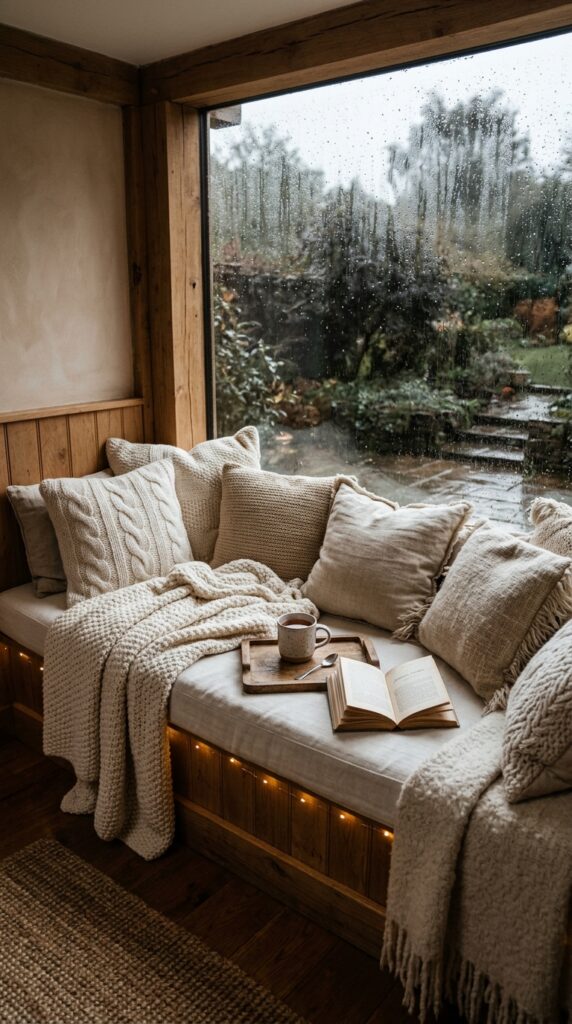 Window Bench With Soft Blankets