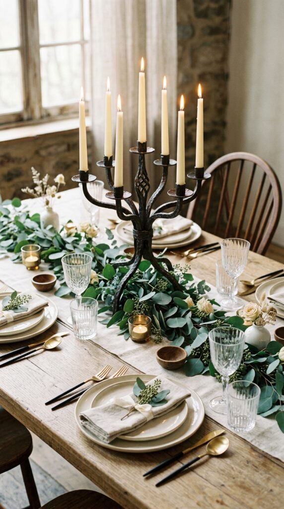 Wrought Iron Candelabra With Eucalyptus Greenery