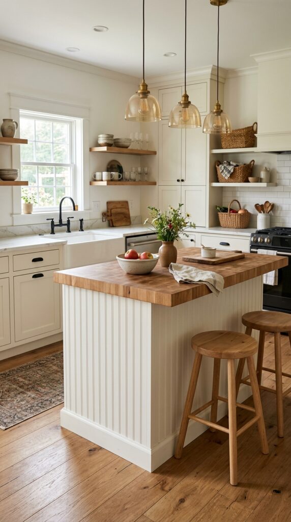 Beadboard Island With Butcher Block Countertop