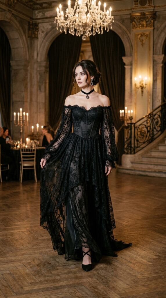 Black Lace Off-Shoulder Victorian Gown