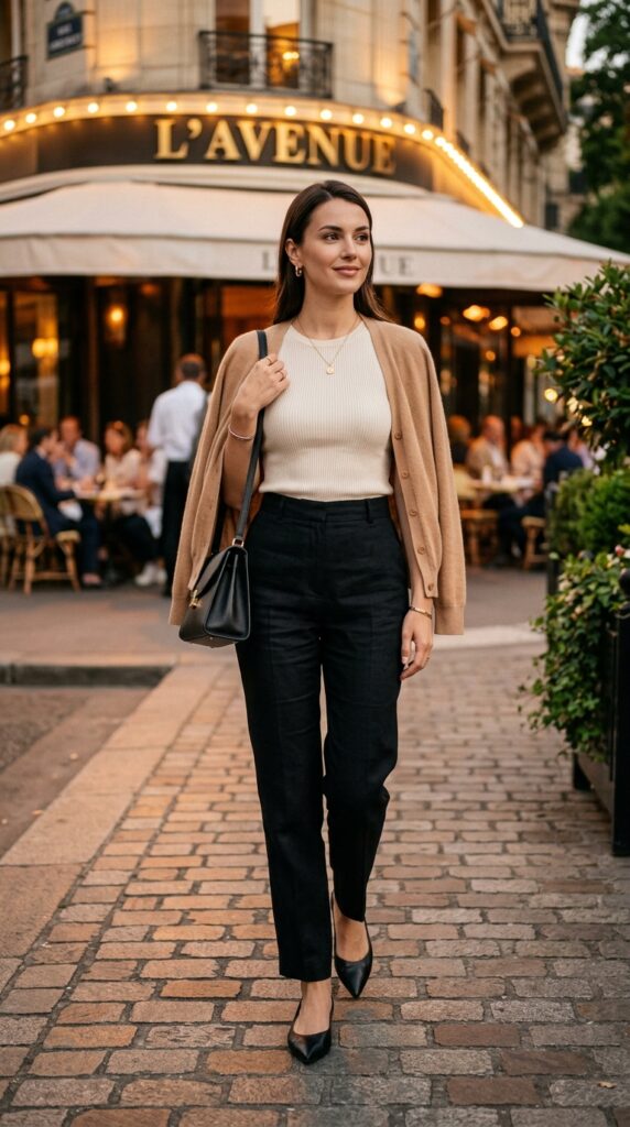 Black Linen Trousers With a Cream Top