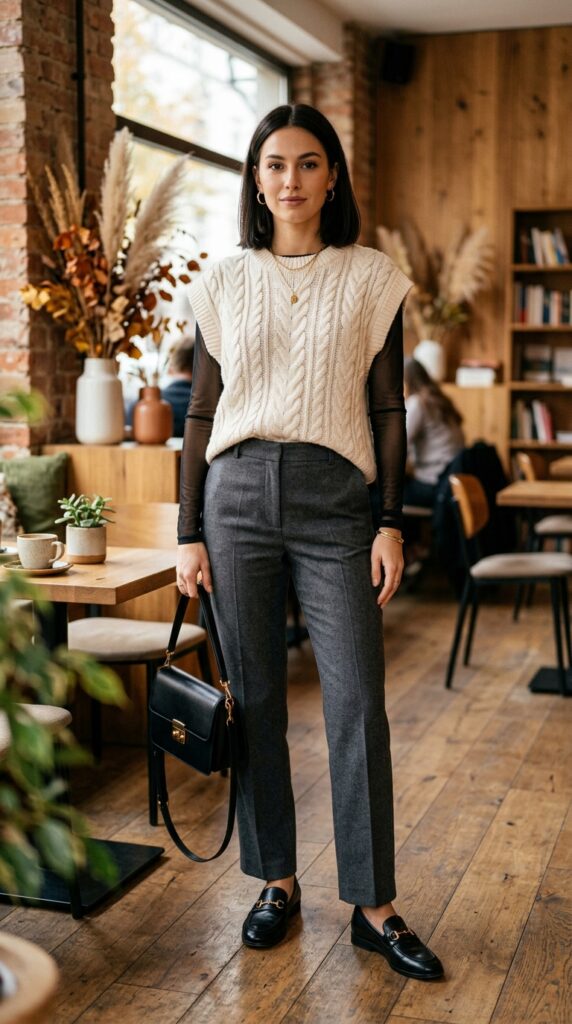 Black Mesh Layer Under a Knit Vest