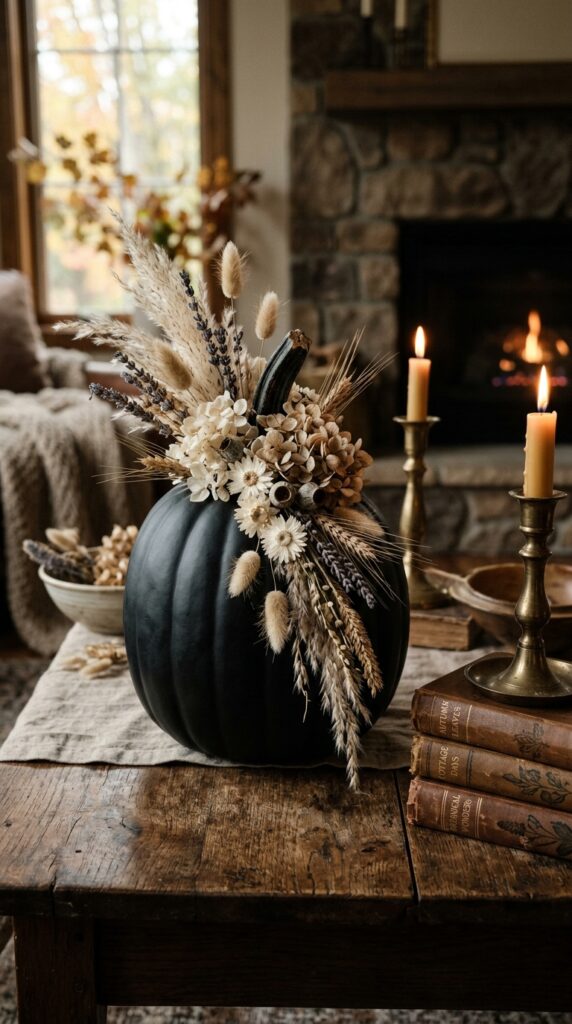 Black Pumpkin With Dried Florals