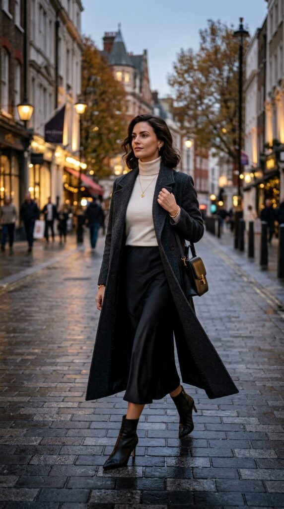 Black Satin Midi Skirt With Turtleneck