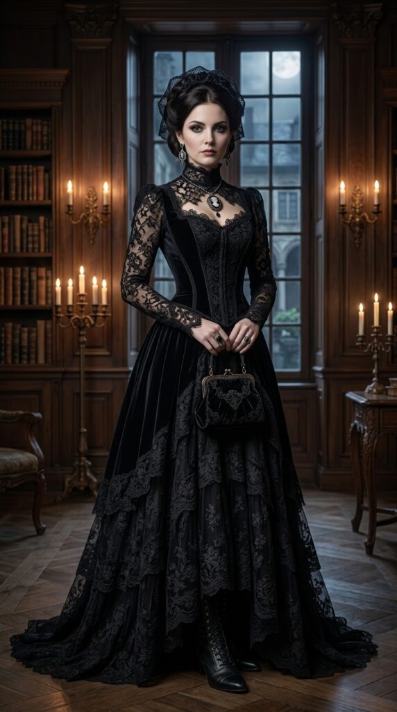 Black Victorian Lace High-Neck Gown