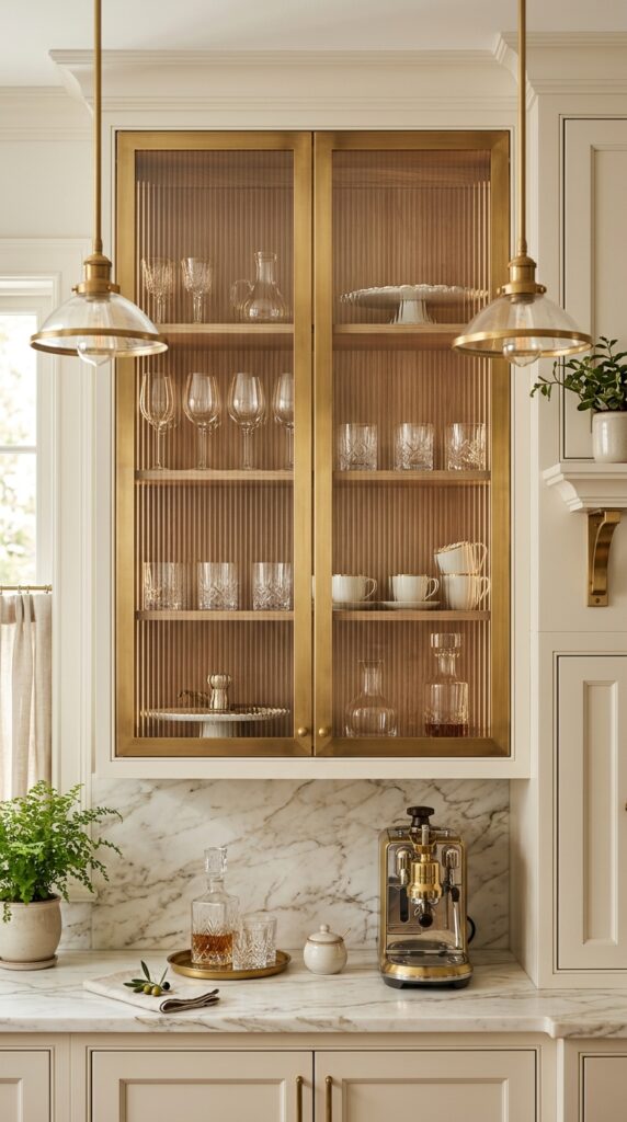 Brass Framed Reeded Glass Cabinets
