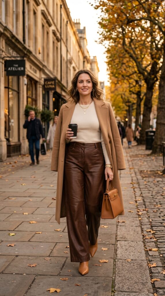 Brown Wide Leg Leather Pants With a Cream Top