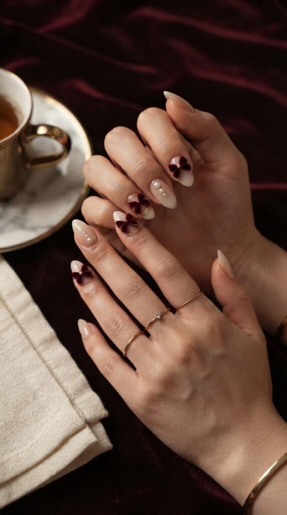 Burgundy Bow Nail Art