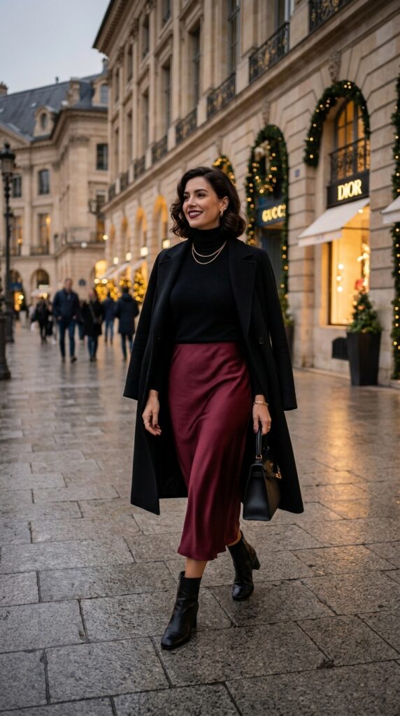 Burgundy Satin Midi Skirt Winter Outfit