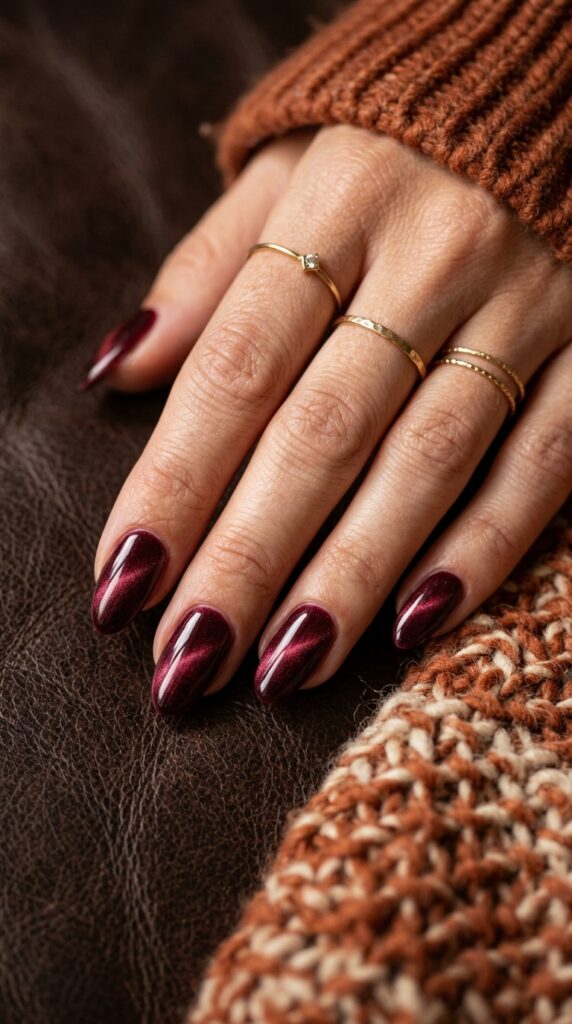 Burgundy Velvet Cat Eye Nails