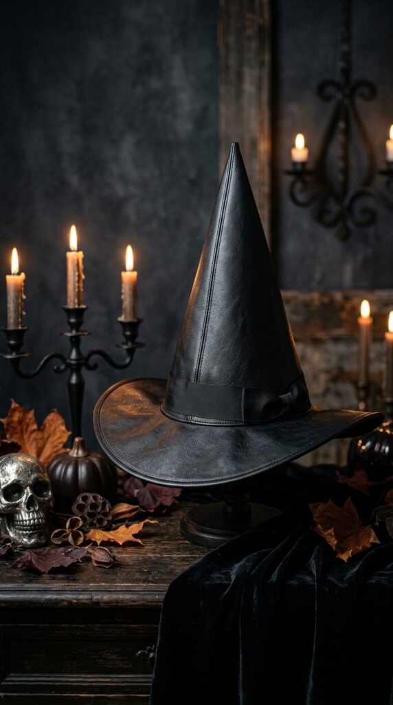 Classic Black Faux Leather Witch Hat
