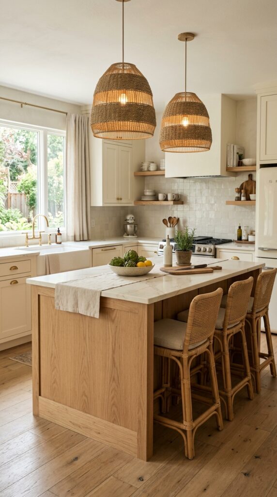 Cream Cabinets and Natural Wood Island
