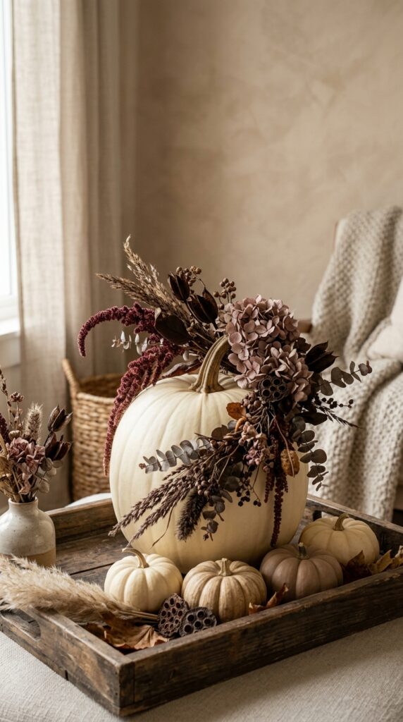 Cream Pumpkin With Dark Dried Flowers