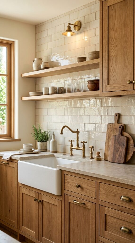 Cream Zellige Tiles With Wood Cabinets