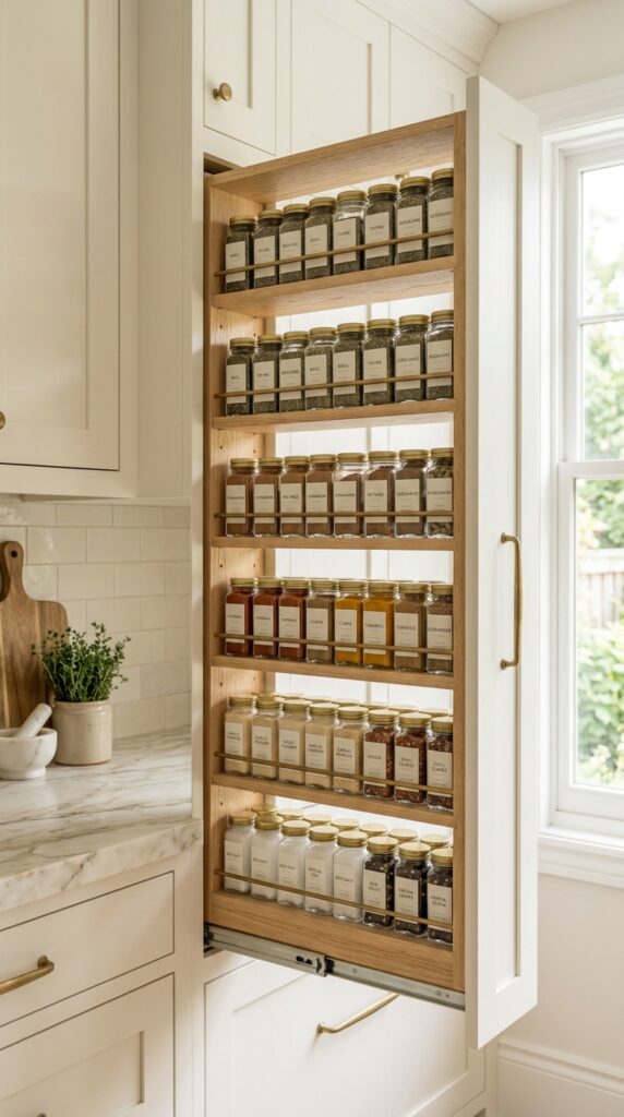 Custom Pull-Out Spice Rack With Labeled Jars