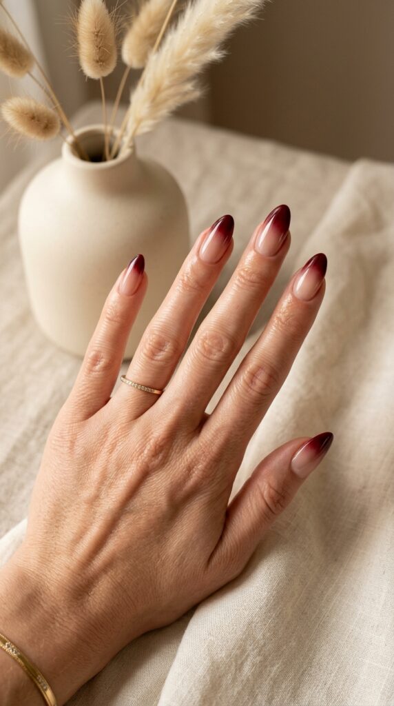 Dark Cherry and Nude Almond Nails
