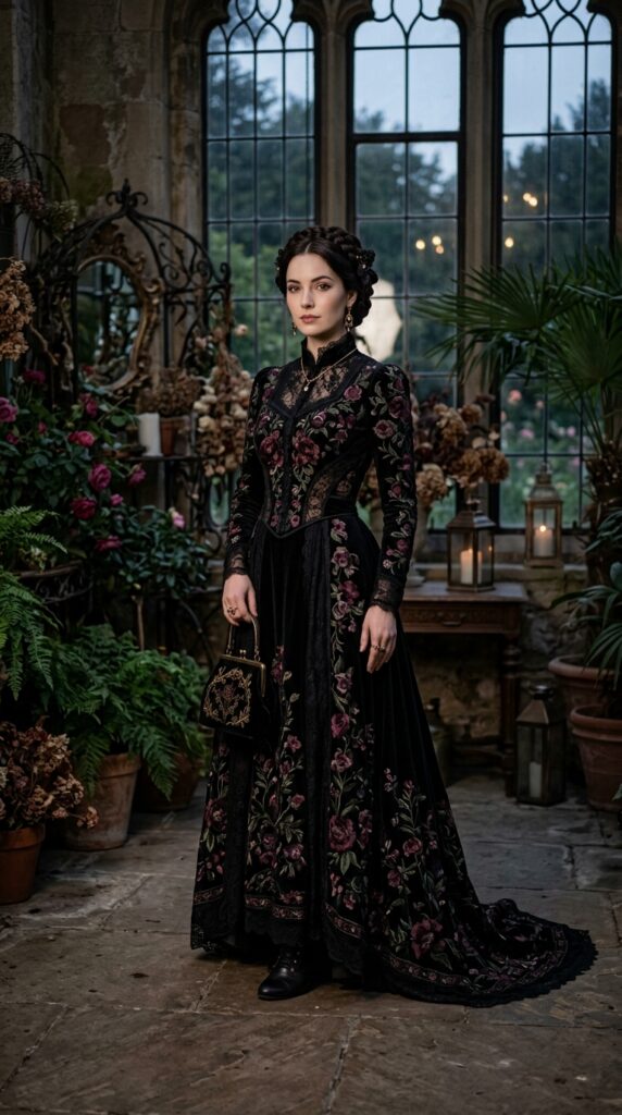 Dark Floral Victorian Lace Gown