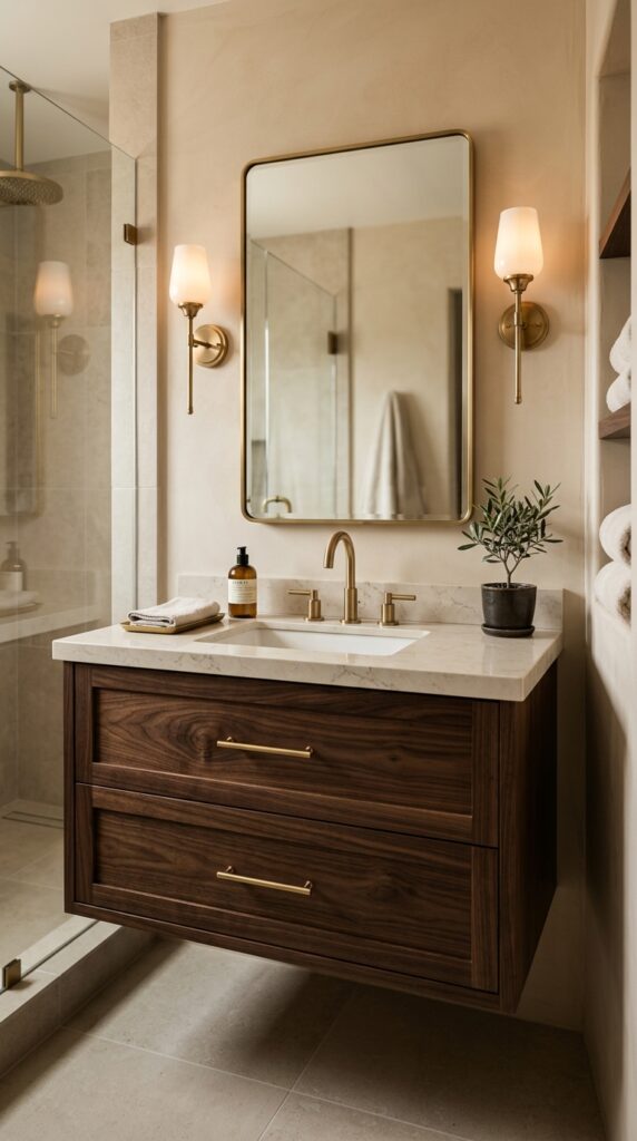 Dark Wood Floating Vanity With Brass Fixtures