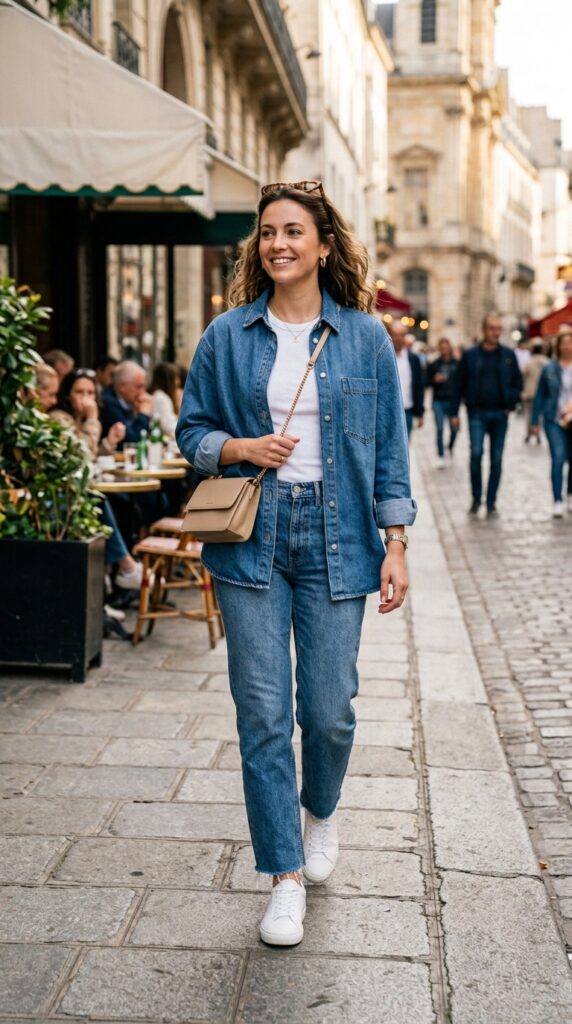 Denim Shirt Layered Over a Tee