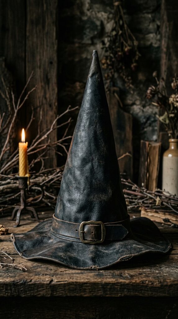 Distressed Faux Leather Witch Hat
