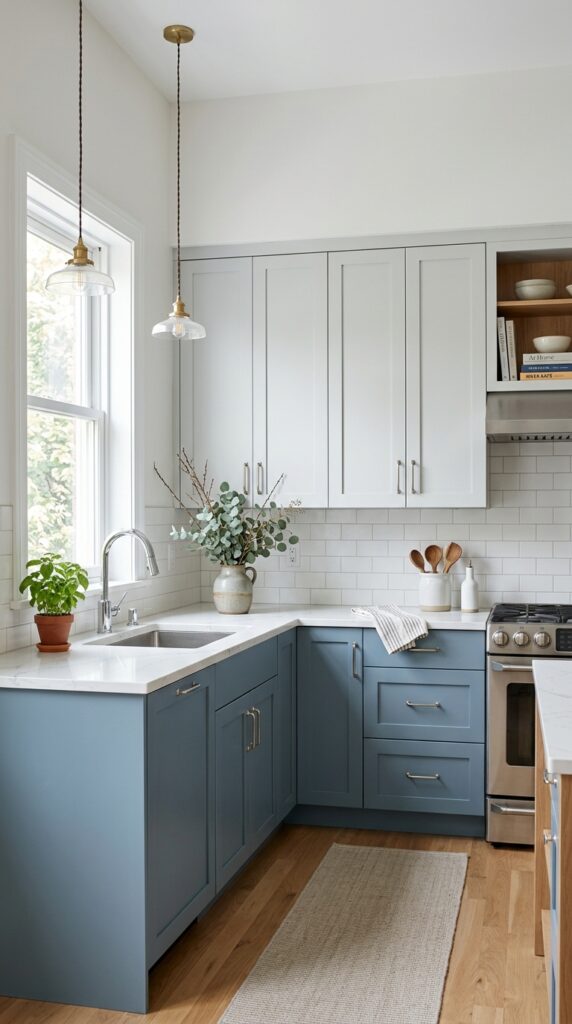 Dusty Blue and Light Gray Cabinets