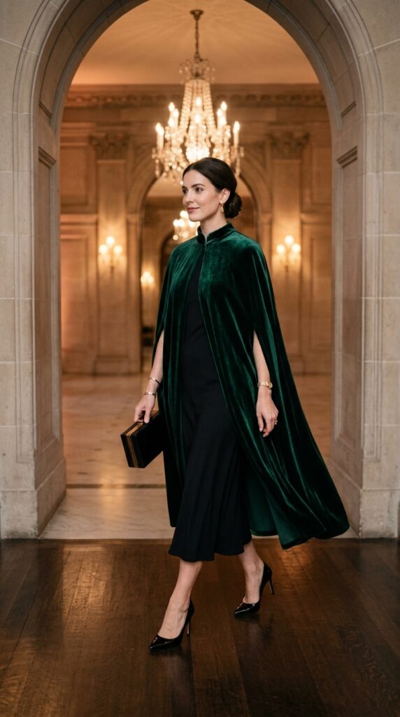 Emerald Green Capes Over a Black Dress