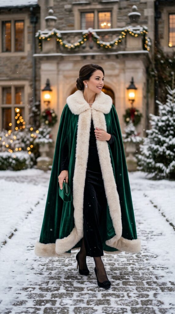 Emerald Green Velvet Cape With Statement Clasp