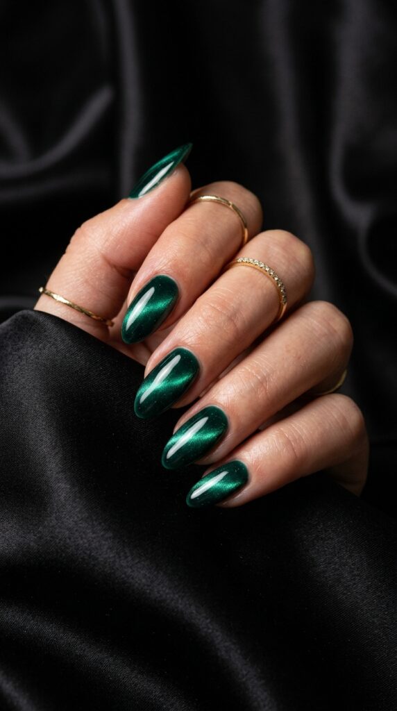 Emerald Green Velvet Cat Eye Nails