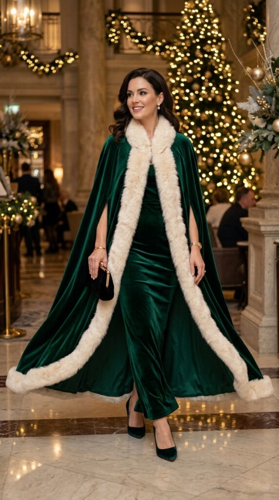 Emerald Velvet Cape With Fur Trim
