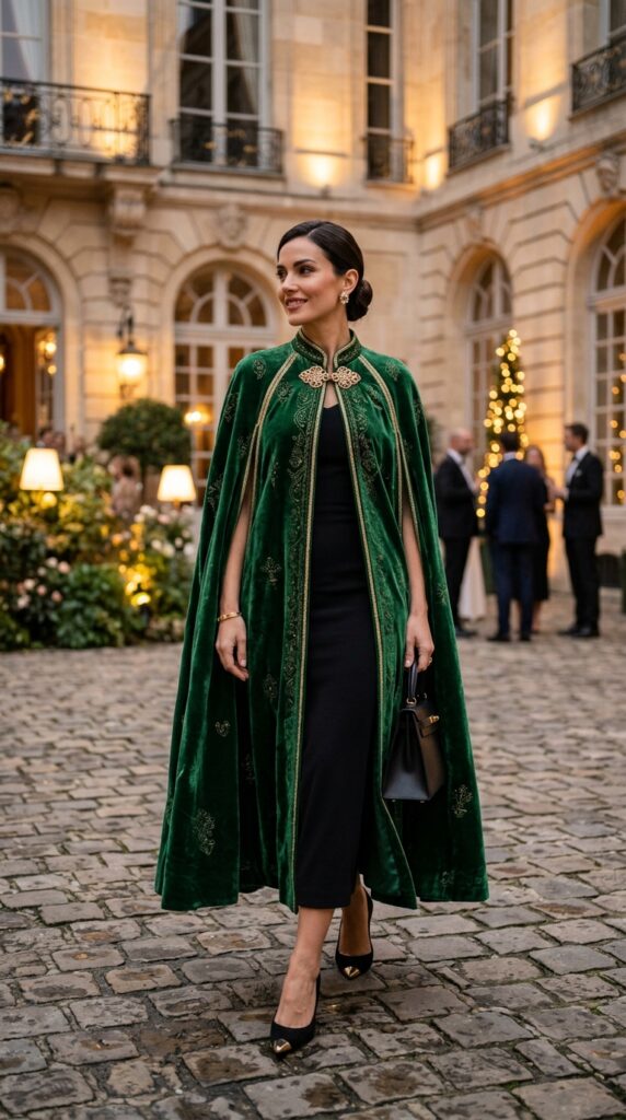 Emerald Velvet Cape With Gold Details