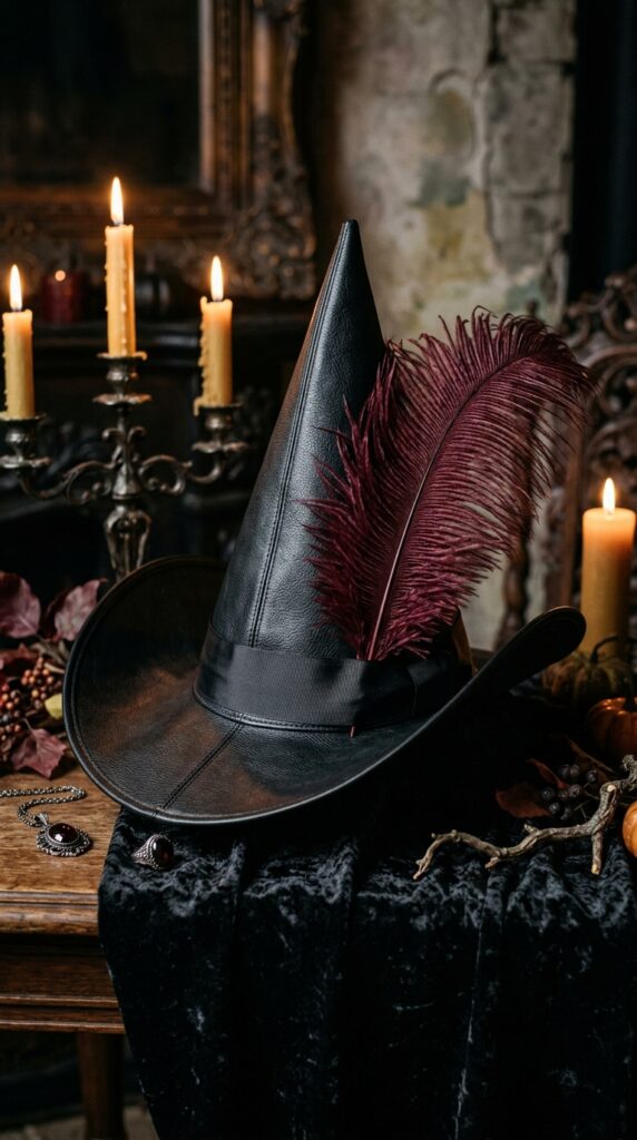 Faux Leather Witch Hat With Feathers