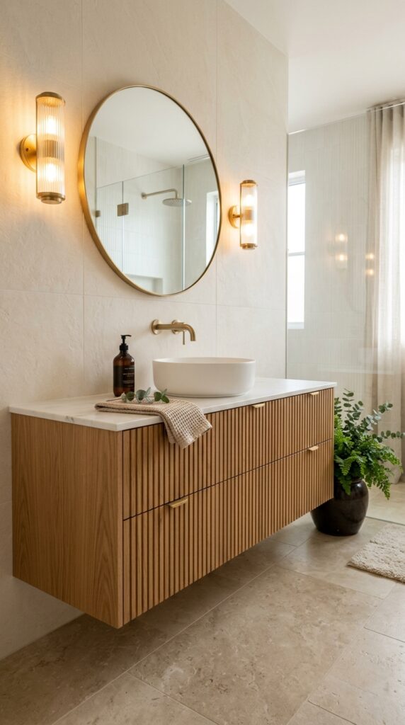 Floating Vanity With Slatted Wood Detail