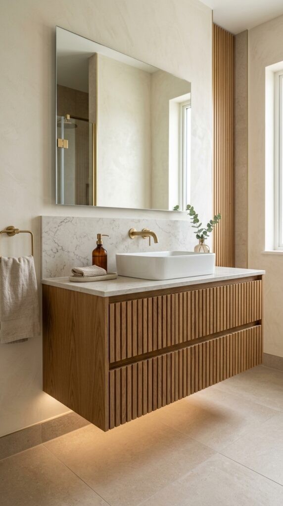 Floating Vanity With Vertical Wood Grain