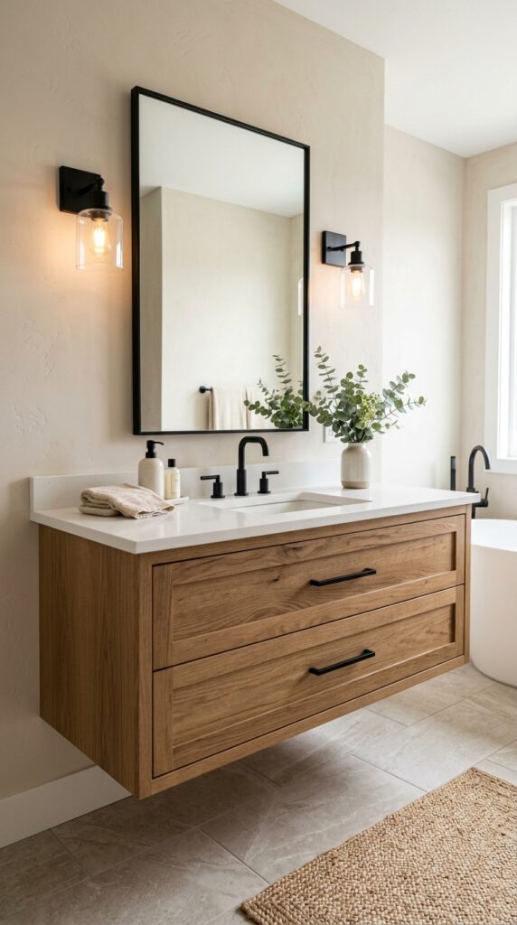 Floating Wood Vanity With Black Hardware