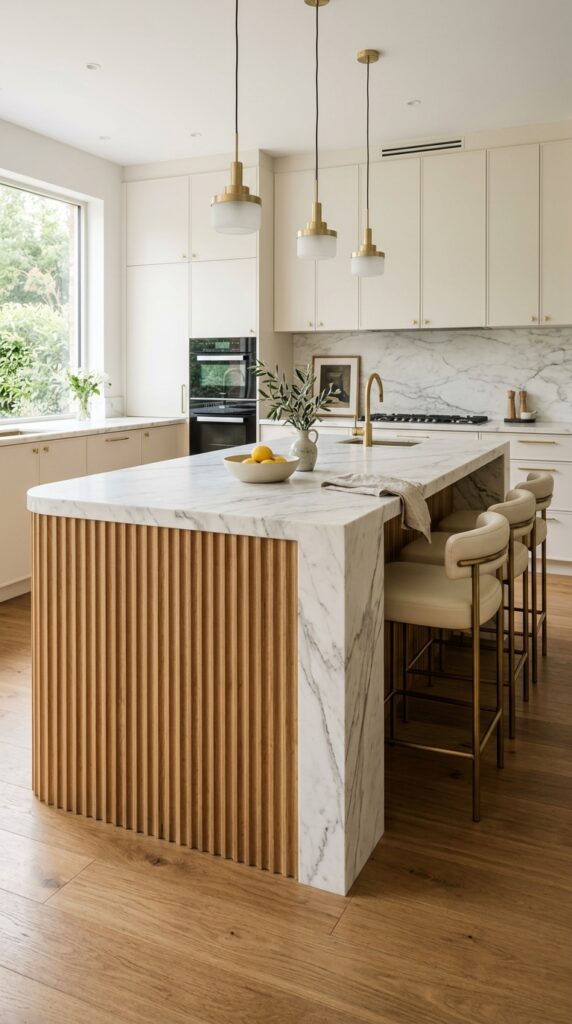 Fluted Island With Waterfall Countertop