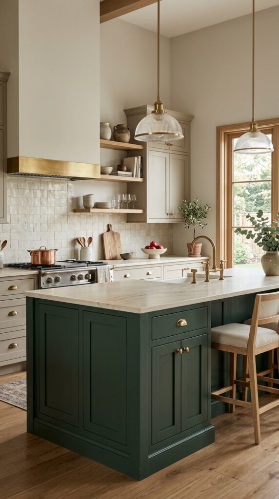 Greige Cabinets and Deep Green Island