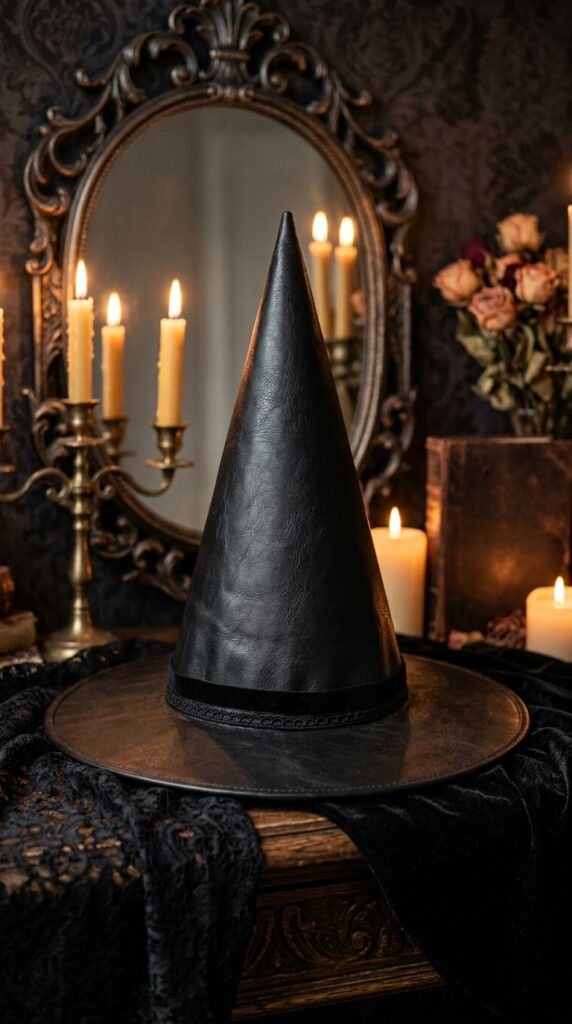 Lace Trim Leather Witch Hat
