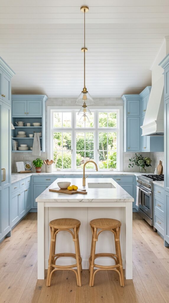 Light Blue Cabinets and White Island