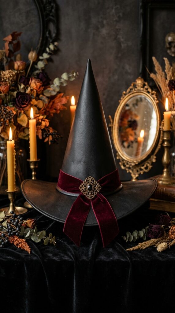 Luxe Faux Leather Witch Hat With Velvet