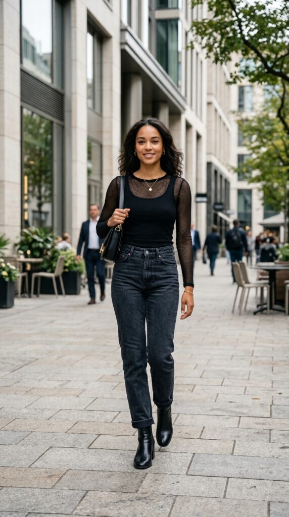 Mesh Top With Straight-Leg Jeans