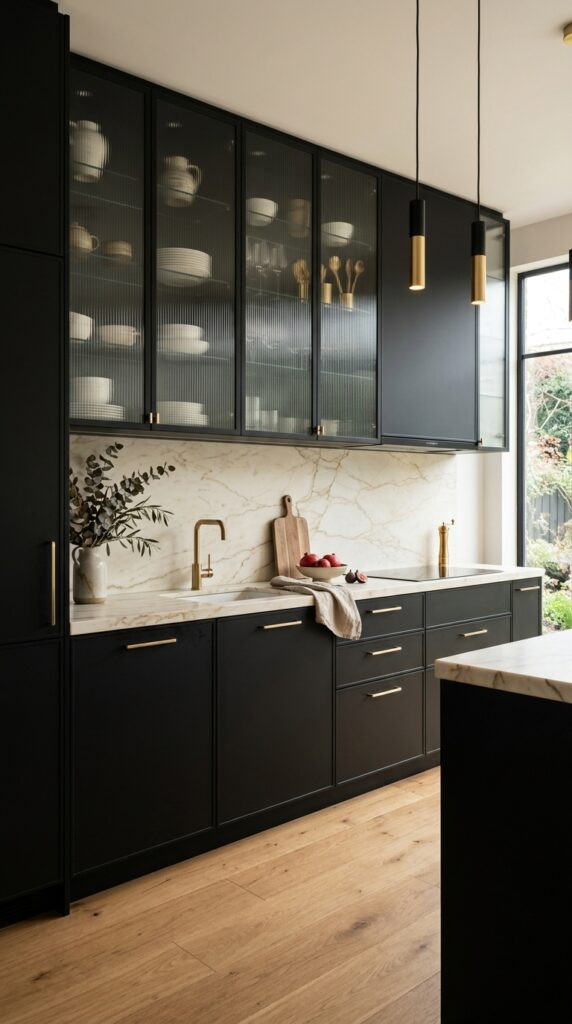 Modern Black Reeded Glass Cabinets