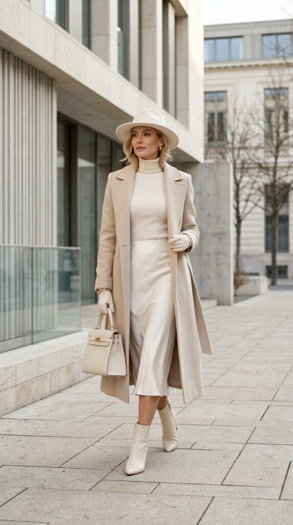 Monochromatic Satin Midi Skirt Outfit