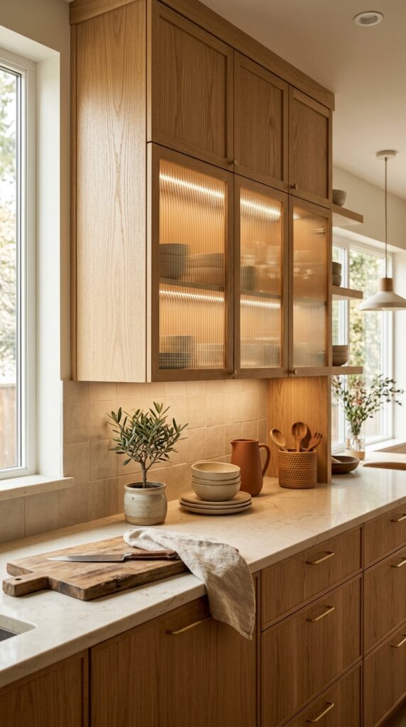 Natural Wood Reeded Glass Cabinets